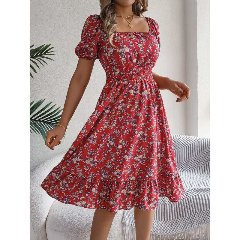 Dame Smocked Floral Print Midi Kjole med sidelæg Stilla