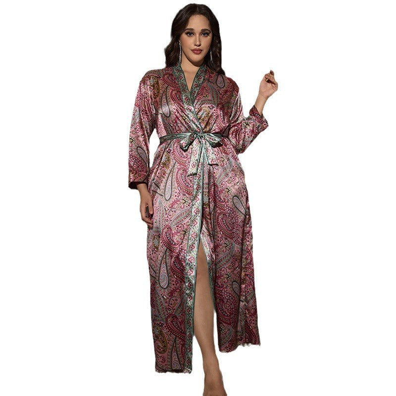 Dame Satin Kimono-Kjole med elegant Paisley-mønster og taljebælte Stilla