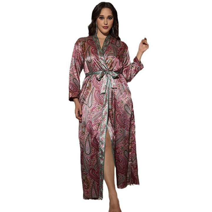 Dame Satin Kimono-Kjole med elegant Paisley-mønster og taljebælte Stilla