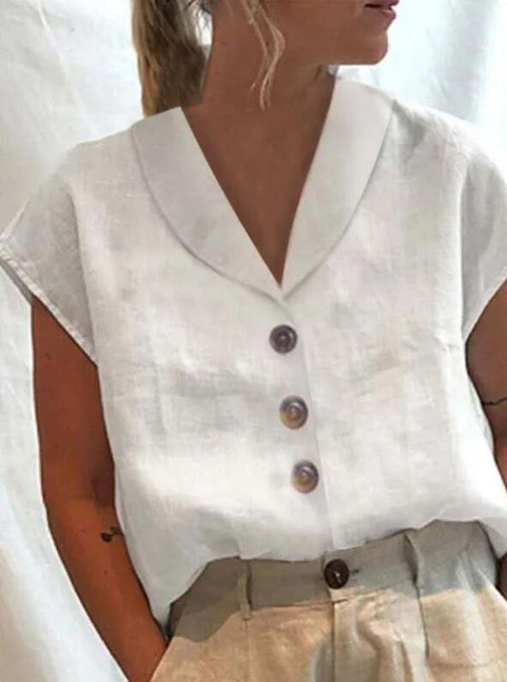 Dame let linned top med elegant knaplukning Stilla