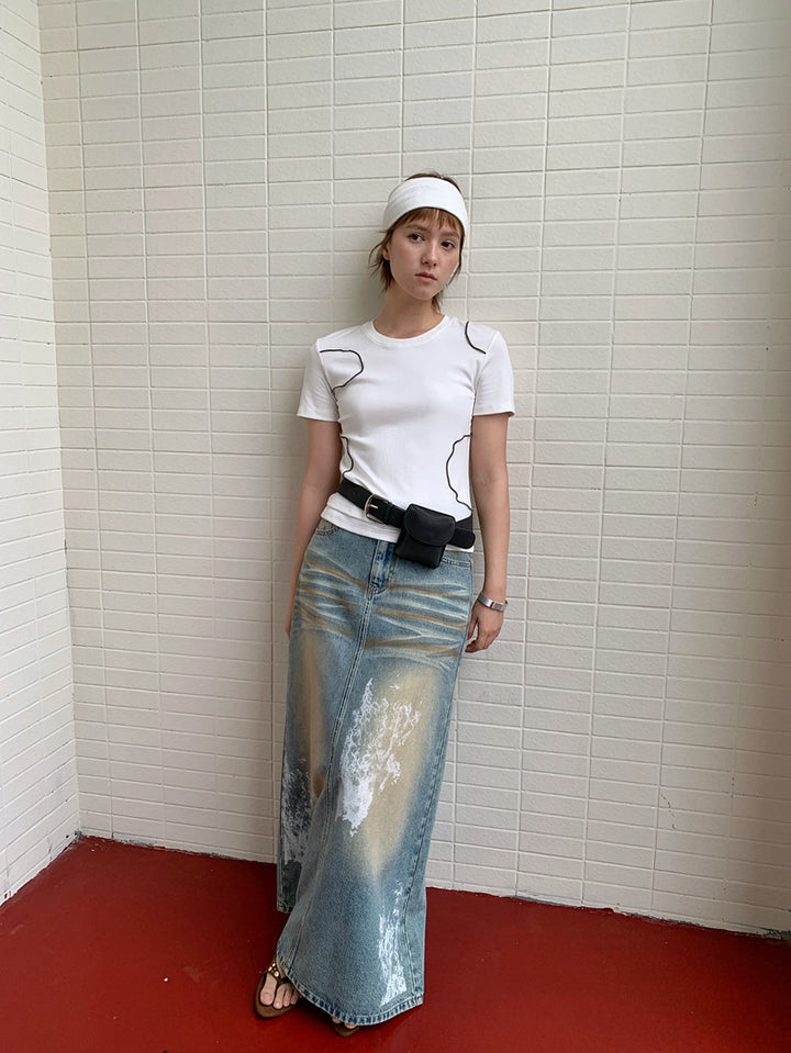 Dame modeshorts lang denim nederdel med unik vask og moderne design Stilla