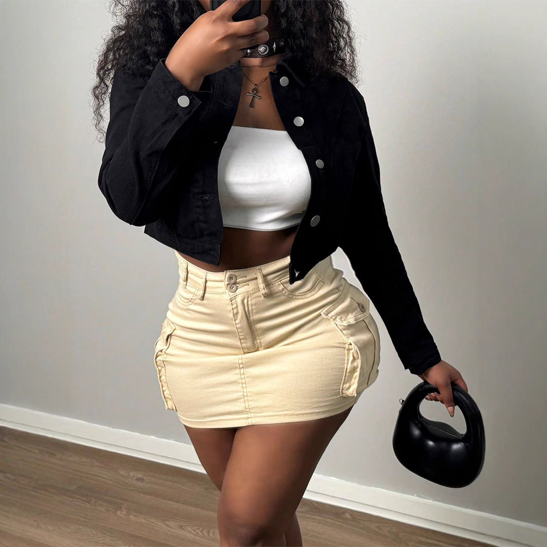 Dame moderigtige Cropped Jeansjakke med trykknapper og afslappet snit Stilla