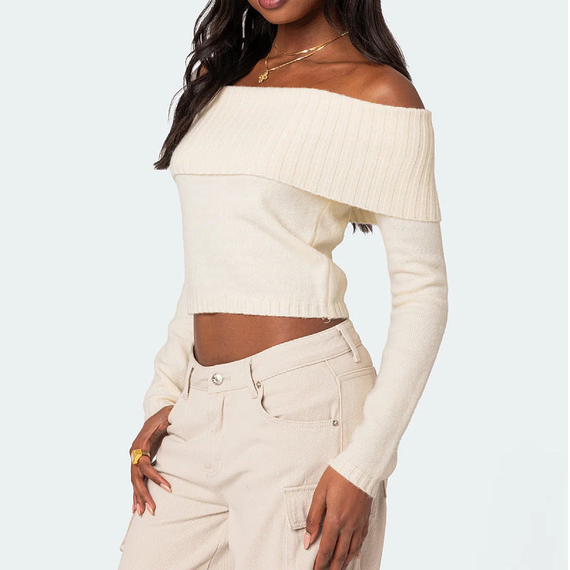 Dame Off-Shoulder Strikoverdel med ribbe-elementer og cropped snit Stilla