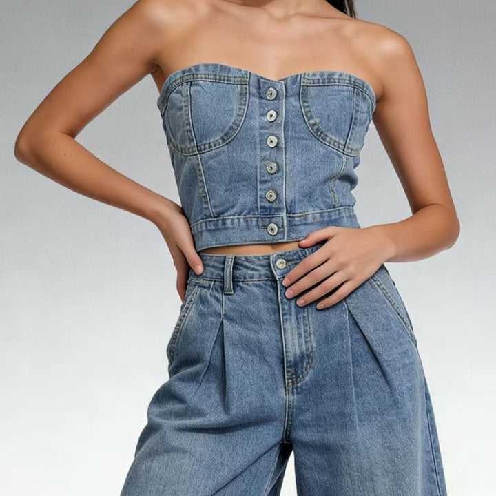 Dame Denim Bustier-overdel med knapdetaljer og figursyet snit Skovae