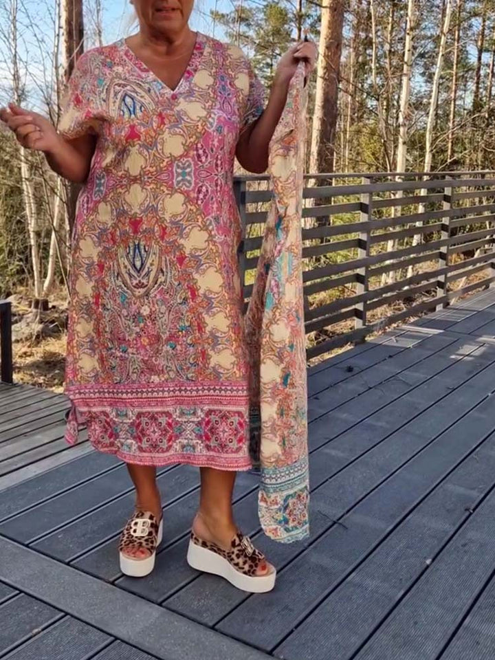 Dame Kaftan-kjole med koordineret tørklæde og sidelommer Stilla