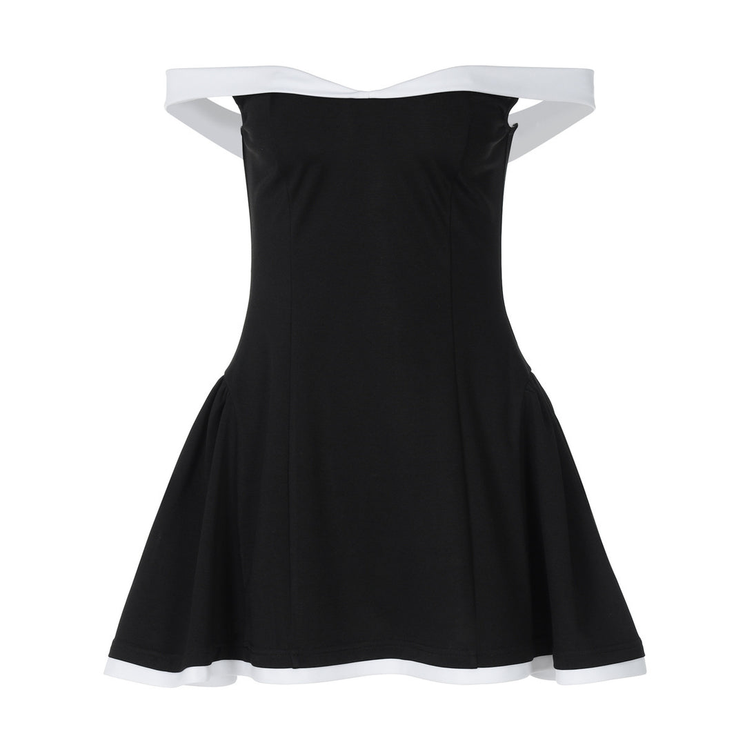 Dame Off-Shoulder Mini-Kjole med voluminøs Skørt og kontrasterende Kant Skovae