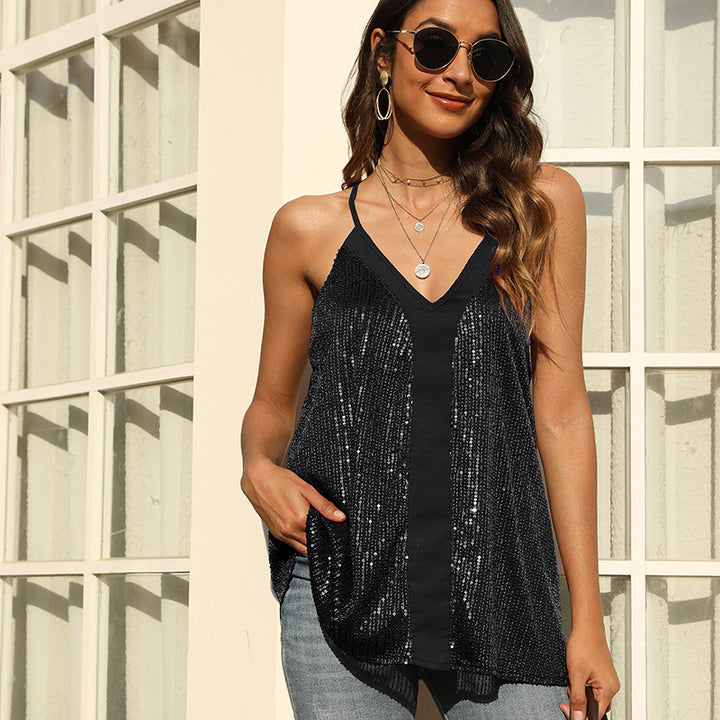 Dame glitrende pailletbluse med V-hals Stilla