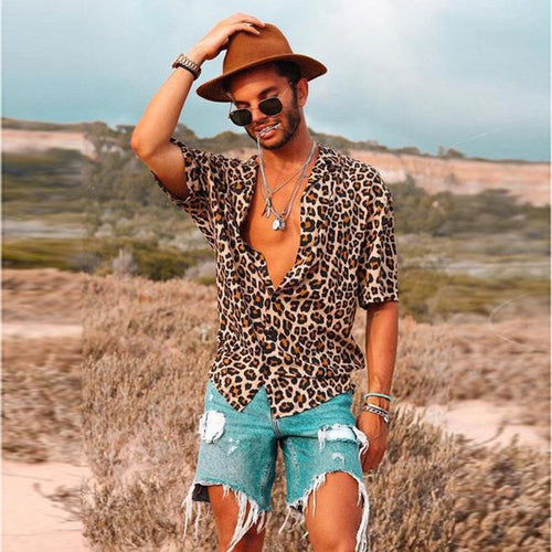 Herre Mode Kortærmet Skjorte med Leopardmønster og Casual Snit Stilla
