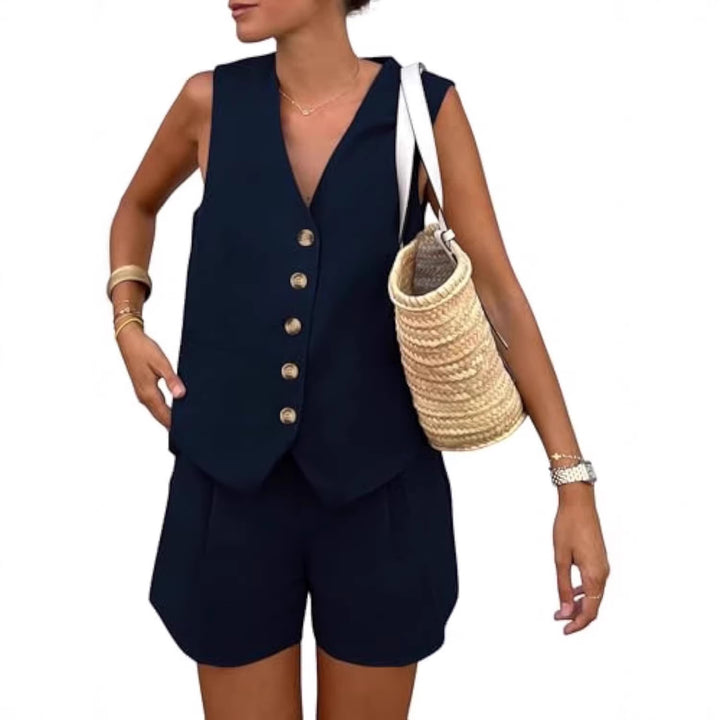 Dame elegant jumpsuit sæt med tætsiddende snit og dekorative knapdetaljer Skovae