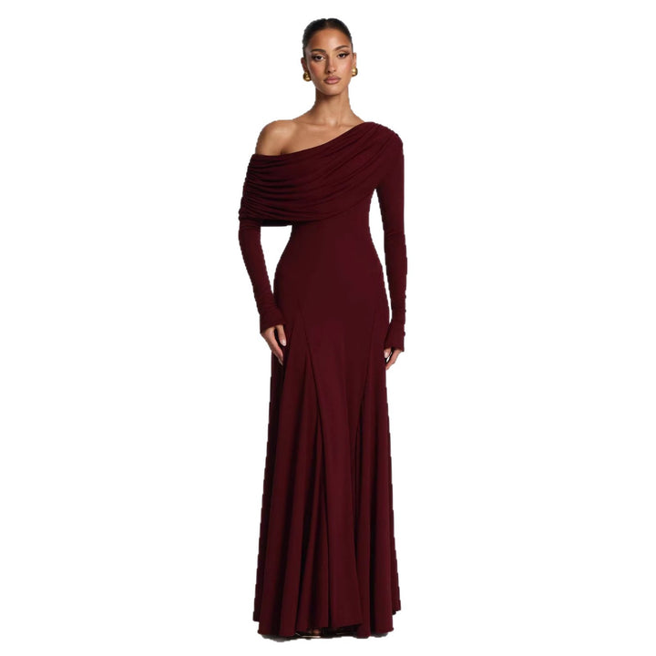 Kvinders elegante langeærmet maxi kjole med asymmetrisk draperingsdetalje