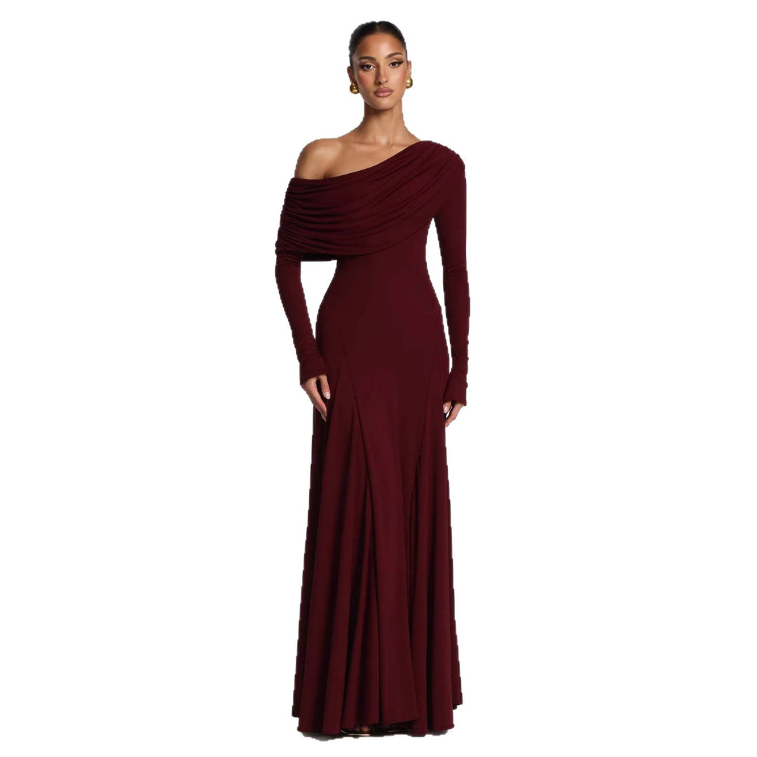 Kvinder elegante maxi kjoler med lange ærmer og asymmetrisk drapering Skovae