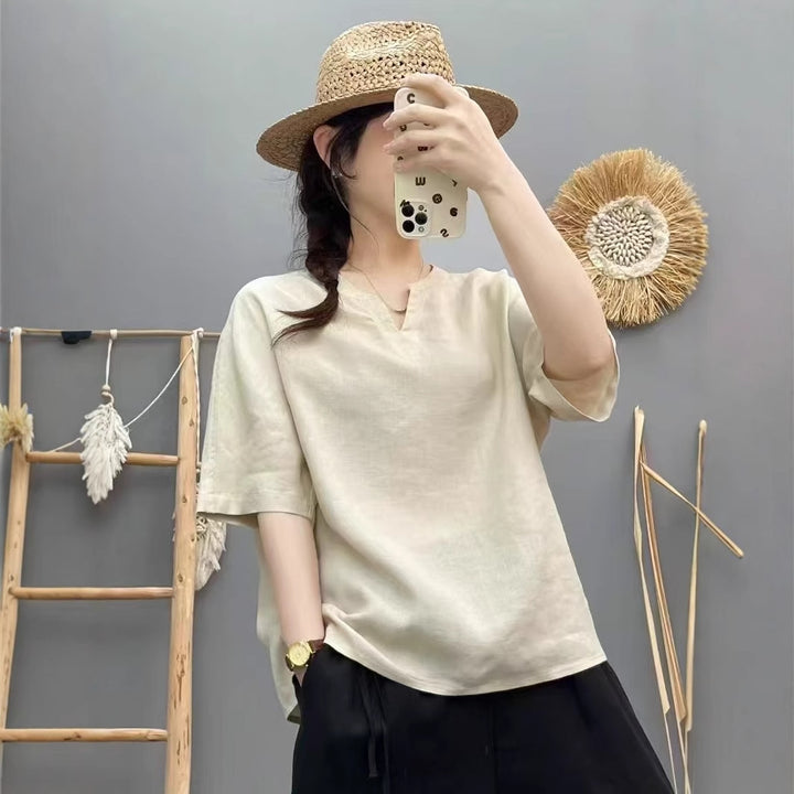 Femme Let V-Udskæring Linned Top Stilla