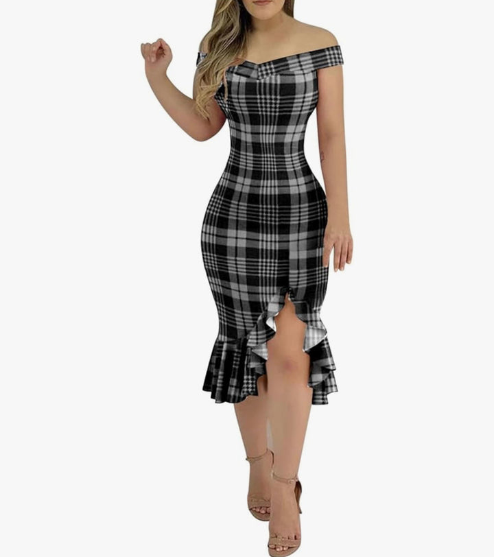 Dame Off-Shoulder Volants Midi Kjole Stilla