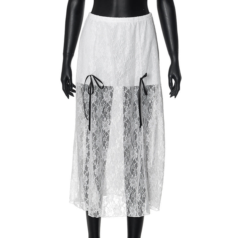 Dame elegant spids nederdel med transparente indsatser og raffinerede bindebånd Skovae