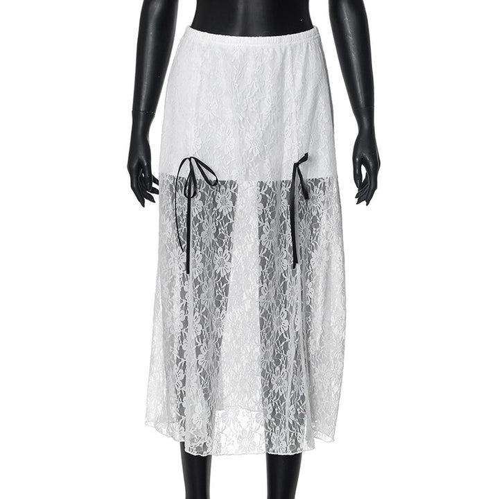 Dame elegant spids nederdel med transparente indsatser og raffinerede bindebånd Skovae