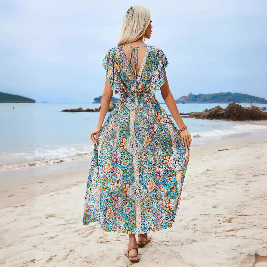 Dame maxikjole i boho-stil med blomsteracCenter og flæser Stilla