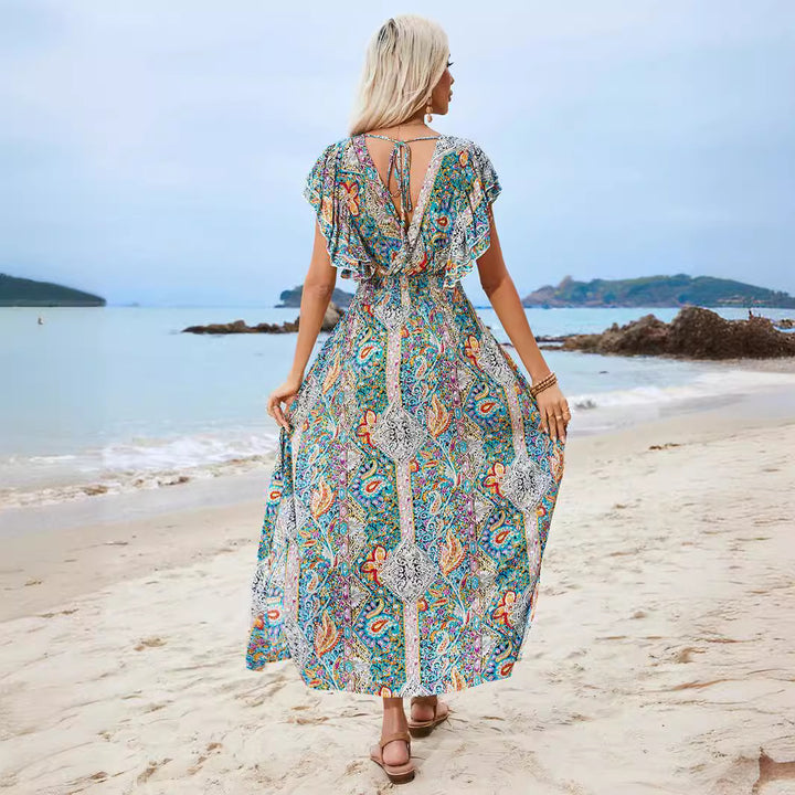Dame maxikjole i boho-stil med blomsteracCenter og flæser Stilla