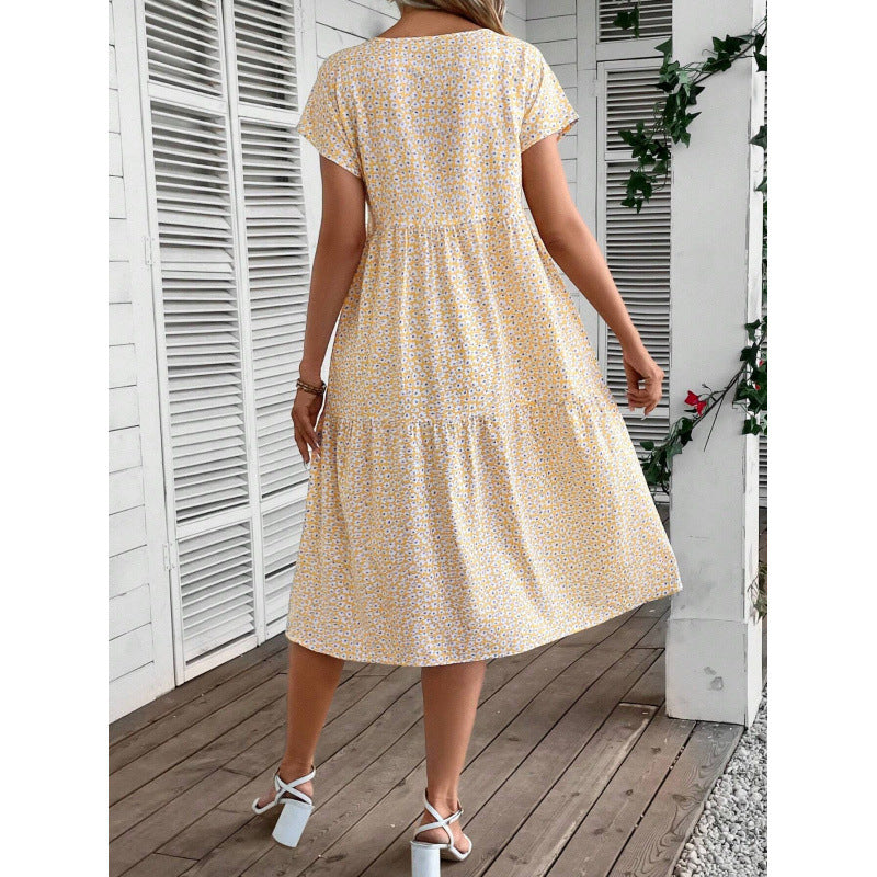 Damer Floral Print Midi Kjole med korte ærmer Stilla