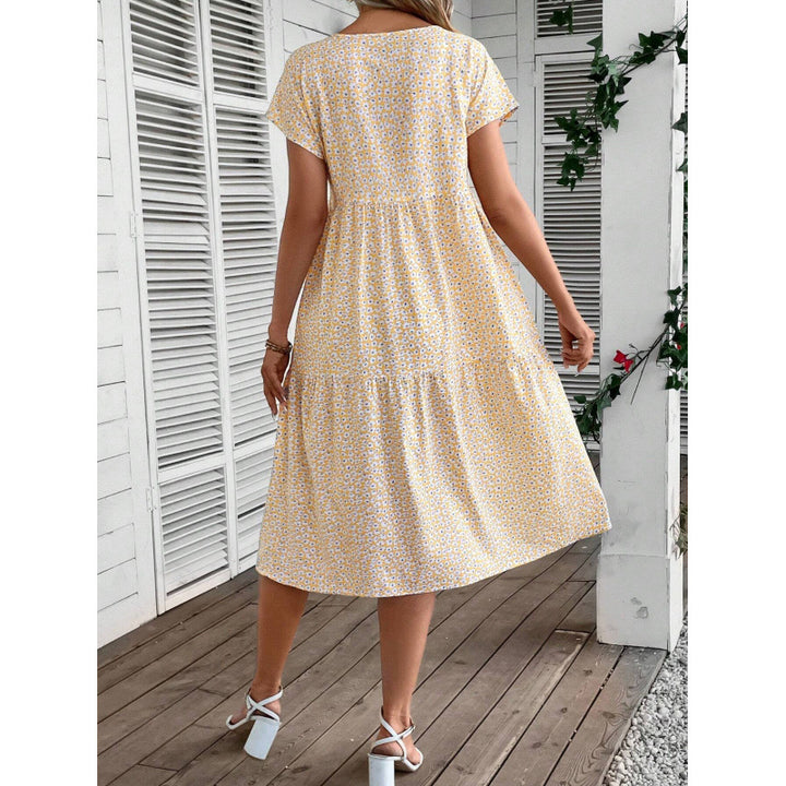 Damer Floral Print Midi Kjole med korte ærmer Stilla