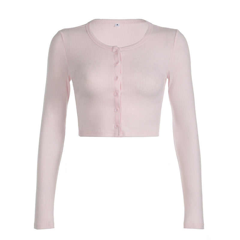 Dame Langærmet Crop-Top med knaplukning og blødt materiale Skovae