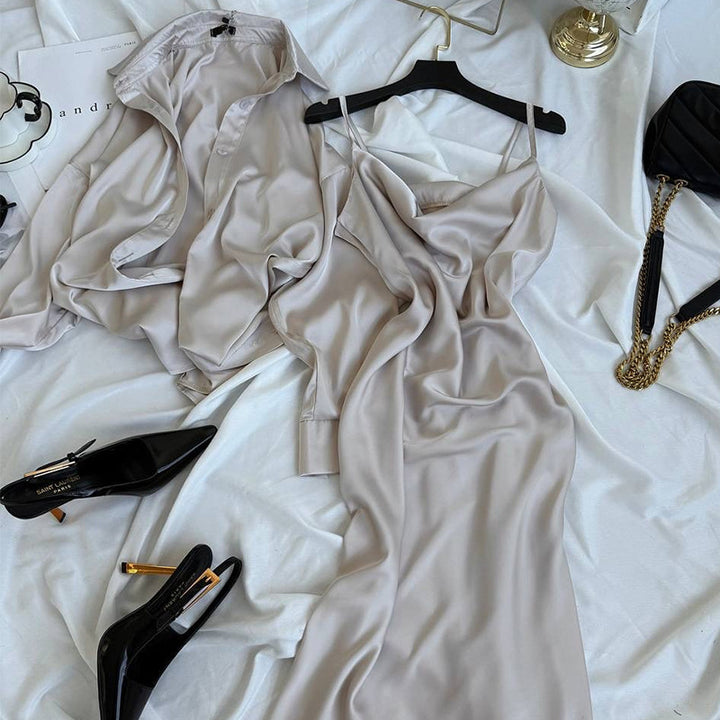 Dame elegant Satin Maxikjole med spaghetti-stropper og flydende snit Stilla