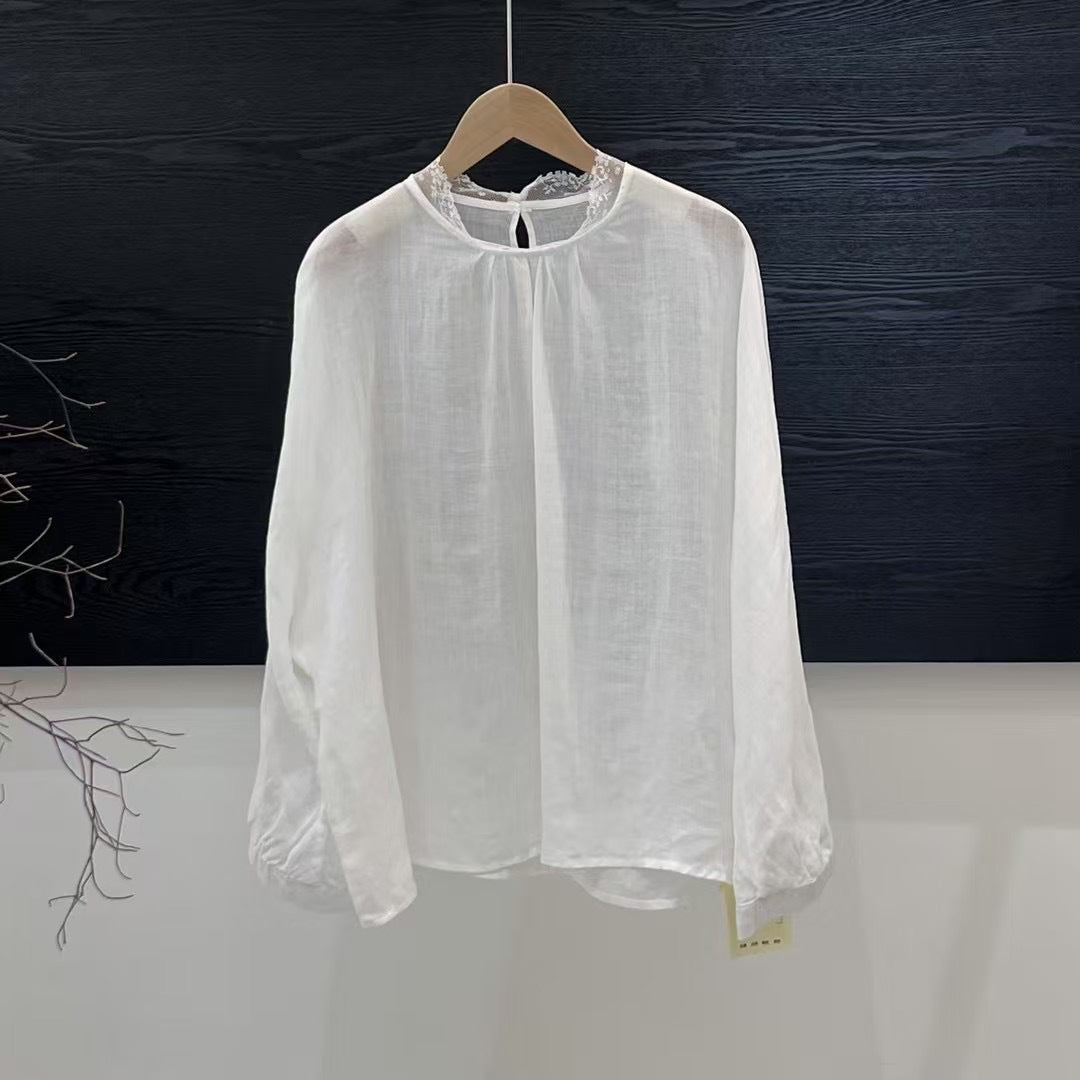 Femme Elegante Gennemsigtig Langærmet Bluse med Spidsapplikationer Stilla