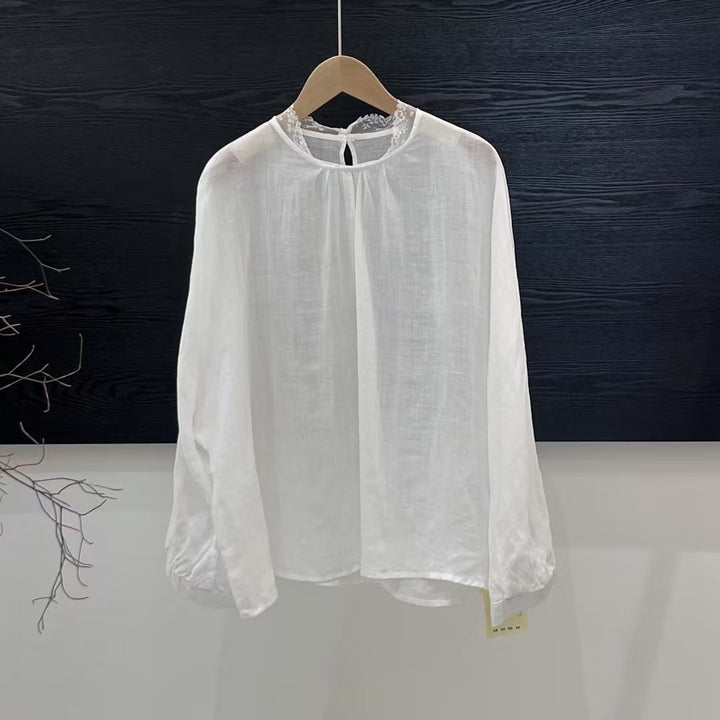 Femme Elegante Gennemsigtig Langærmet Bluse med Spidsapplikationer Stilla