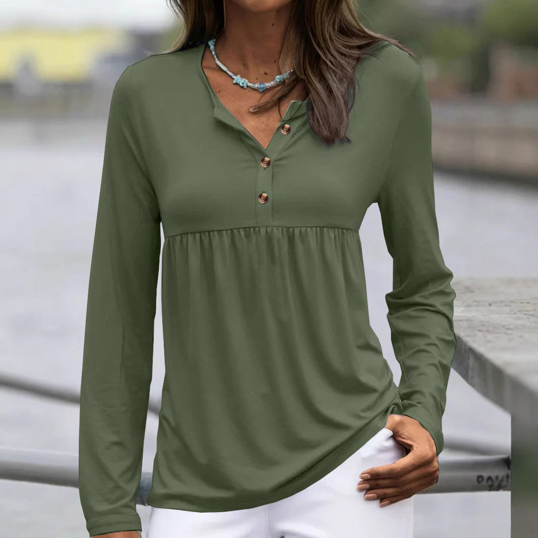 Dame Mode Langærmet bluse med knaplukning og draperet design Stilla