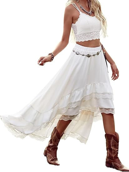 Dame Boho Maxi-nederdel med asymmetrisk kant og spids dekoration Skovae