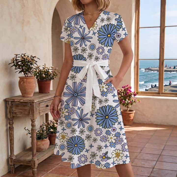 Dame midi kjole med blomsterprint og talje bælte Skovae