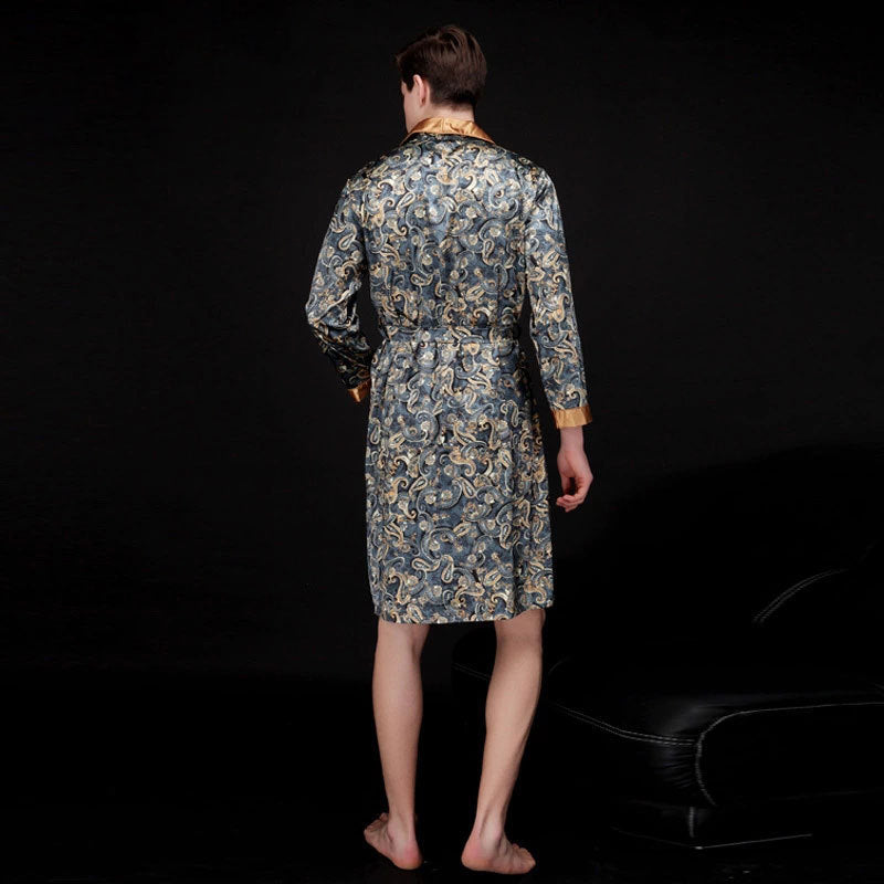 Herrer Satin Badekåbe med luksuriøst Paisley-mønster og taljebælte Stilla