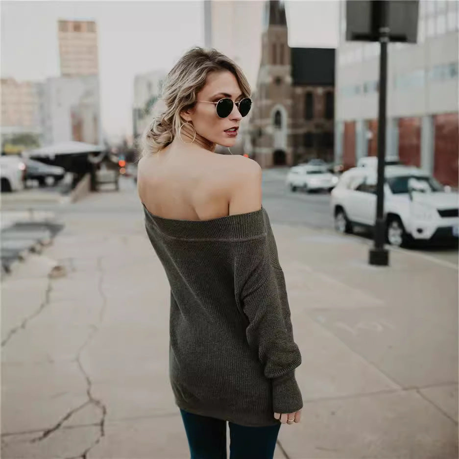 Damer afslappet off-shoulder strikpullover med løs pasform og stribet design Stilla