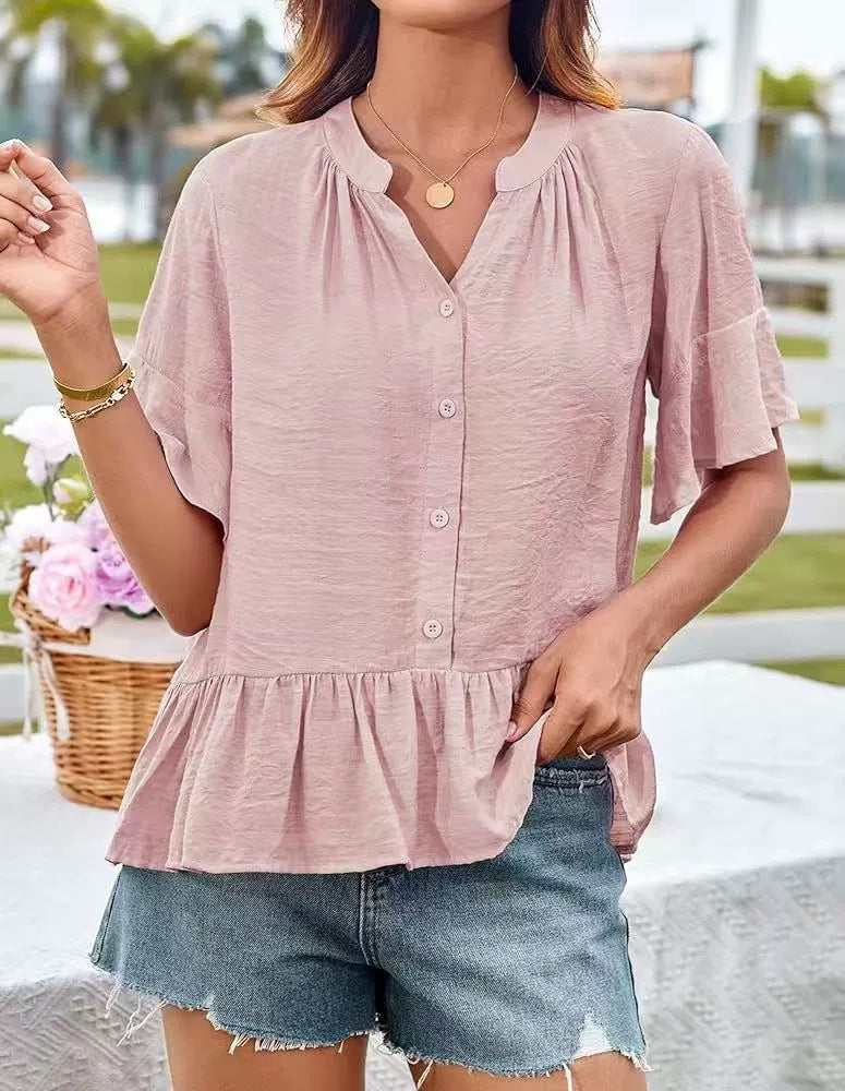Damebluse med flæsekant og knapdetaljer Stilla