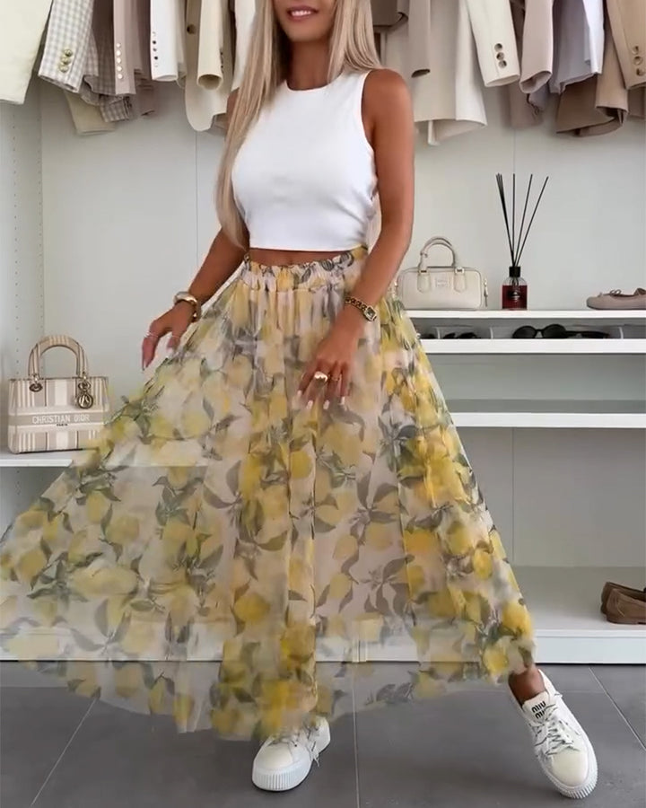 Dame maxi nederdel lavet af let chiffon med blomstermønster Stilla