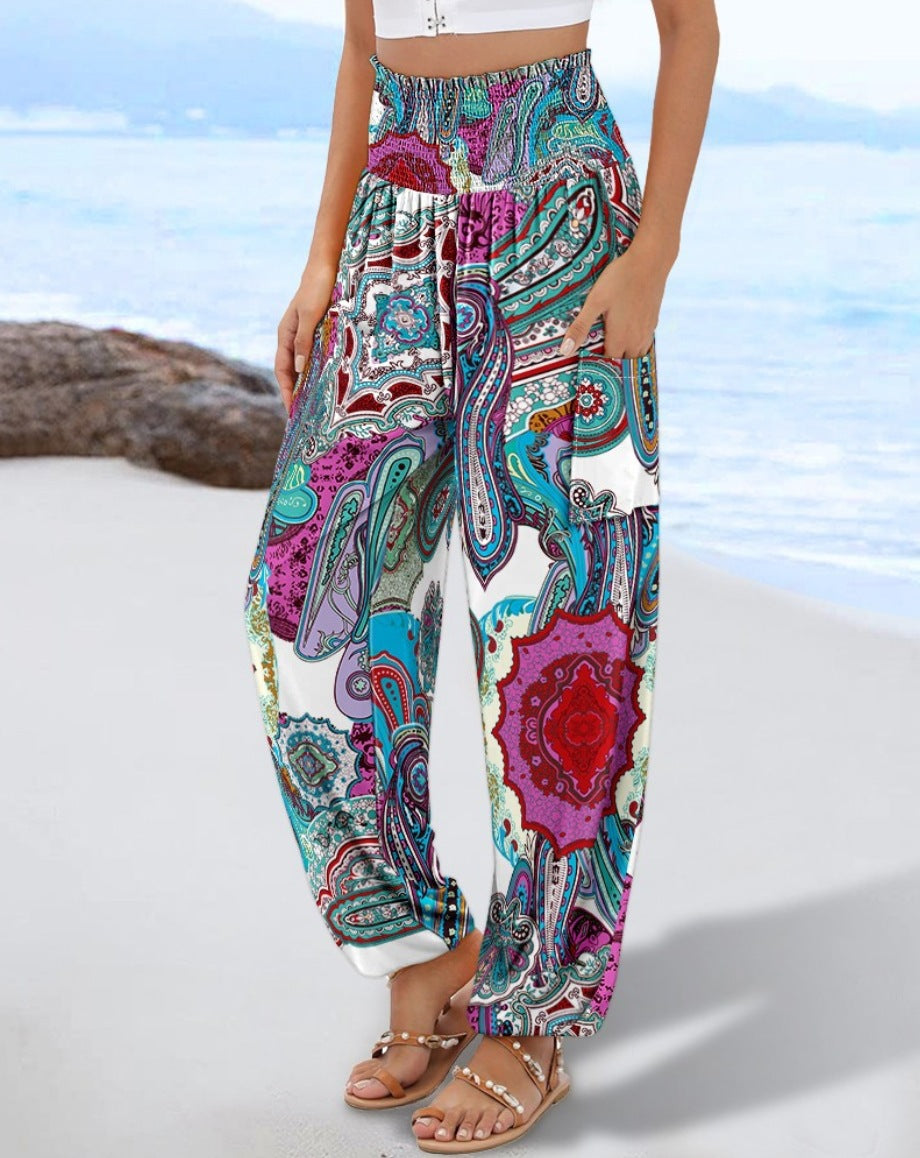 Dame elegant og komfortabel strandbukser med elastisk talje og farverigt paisley-mønster Stilla