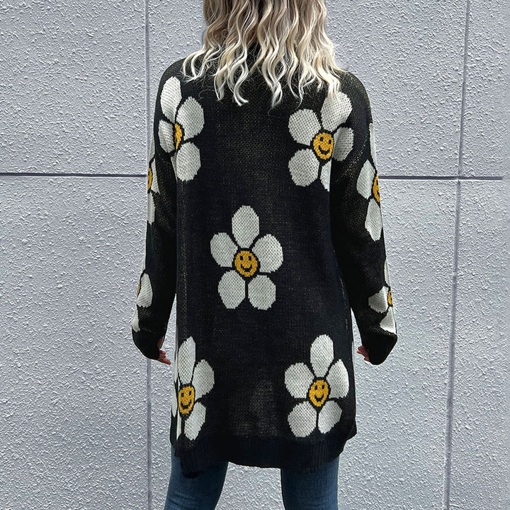 Dame Langærmet Strikjakke med Blomstermønster og Knapdetaljer Stilla