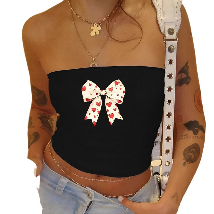 Dame Bandeau-top med romantisk hjerte-design og sløjfe-tryk Skovae