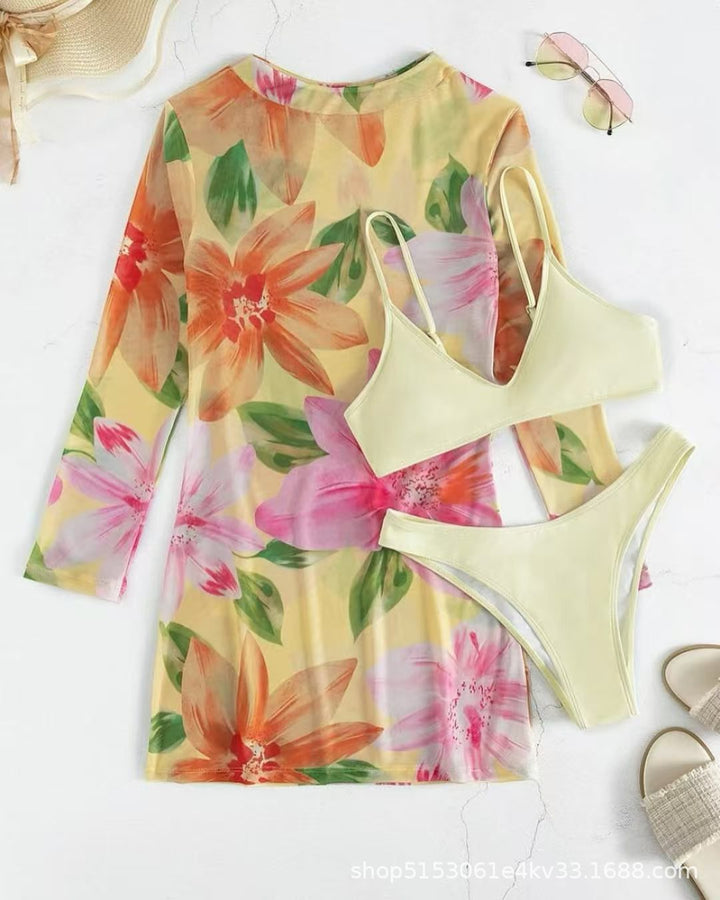 Dame bikinisæt med gennemsigtig cover-up og blomstermønster Stilla