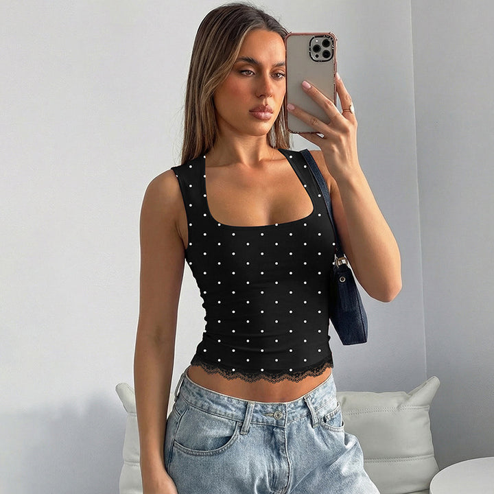 Dame polka-dot top med spidskant Skovae