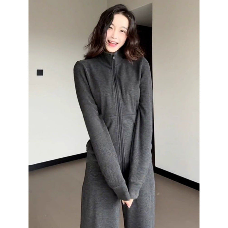 Kvinders sporty fleece tracksuit sæt med løstsiddende pasform og høj krave Skovae