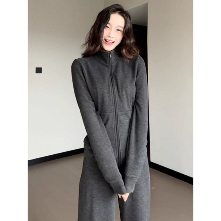 Kvinders sporty fleece tracksuit sæt med løstsiddende pasform og høj krave Skovae