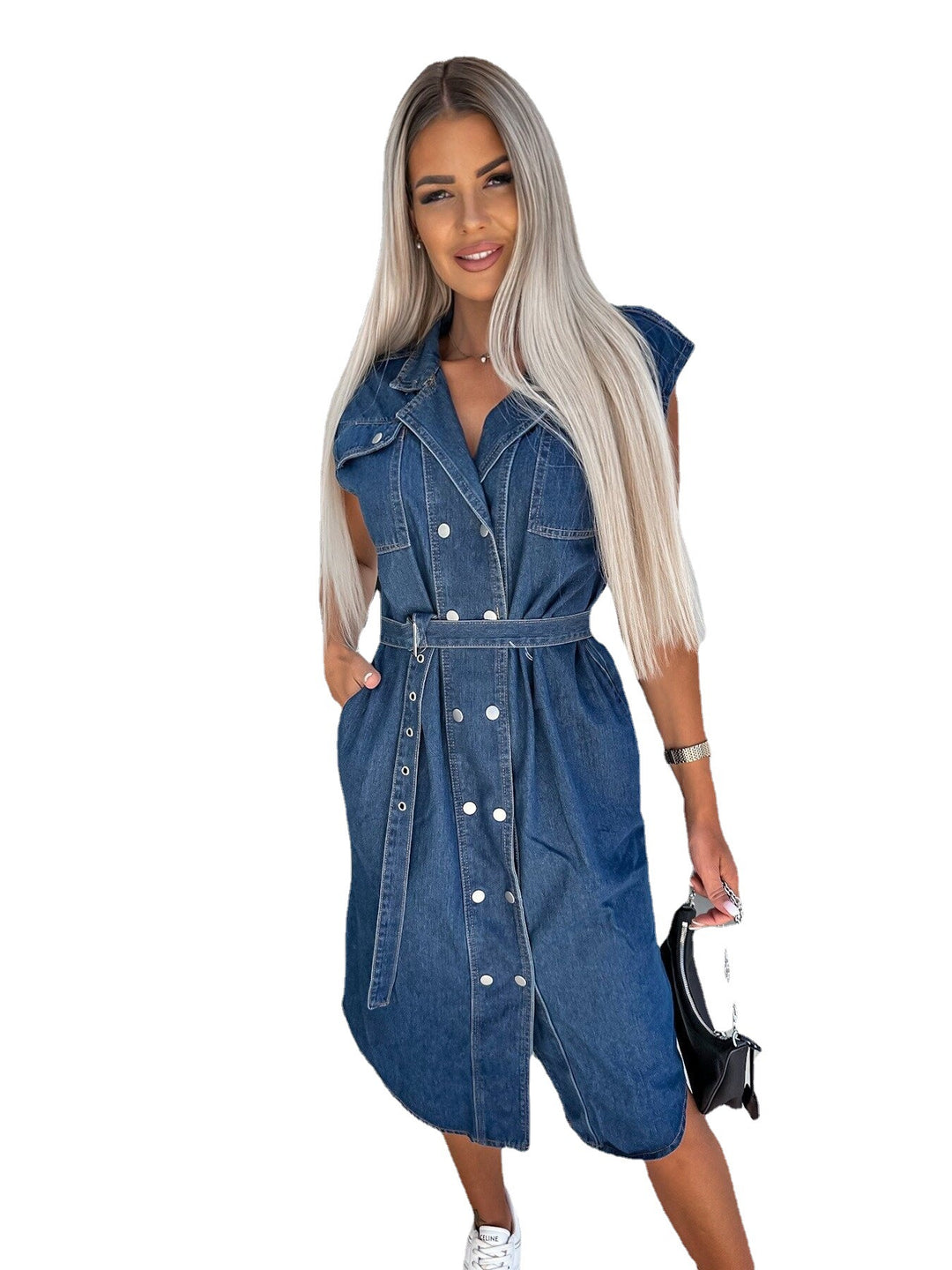 Dame Denim Skjortekjole med taljerbar rem og trykknaplukning Stilla
