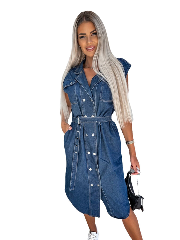 Dame Denim Skjortekjole med taljerbar rem og trykknaplukning Stilla