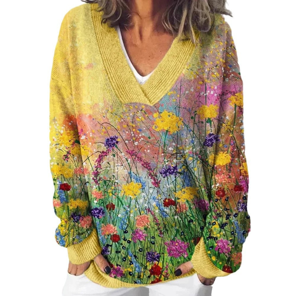 Kvinders V-hals sweater med blomsterdesign og afslappet pasform Stilla