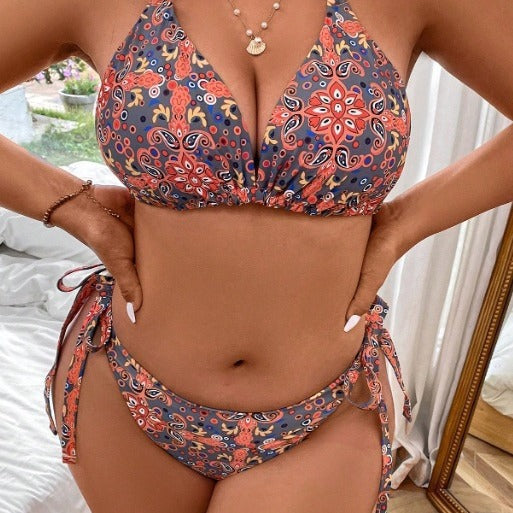 Dame triangel-bikini med blomstret mønster og sidelæns bindebånd Skovae
