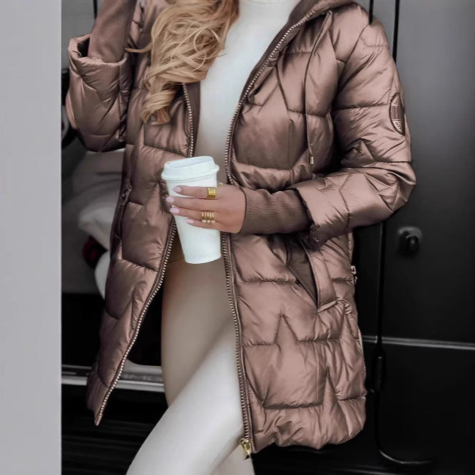Femme Isoleret Langærmet Puffermantel med Justerbar Hue og Metallic-Finish Stilla