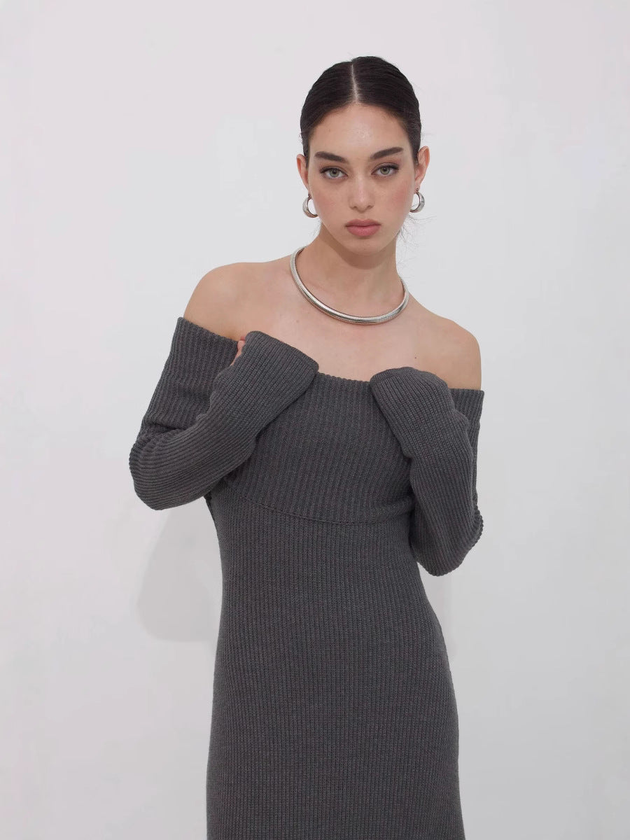 Dame Off-Shoulder Strikkjole med lang længde og bred kant Stilla