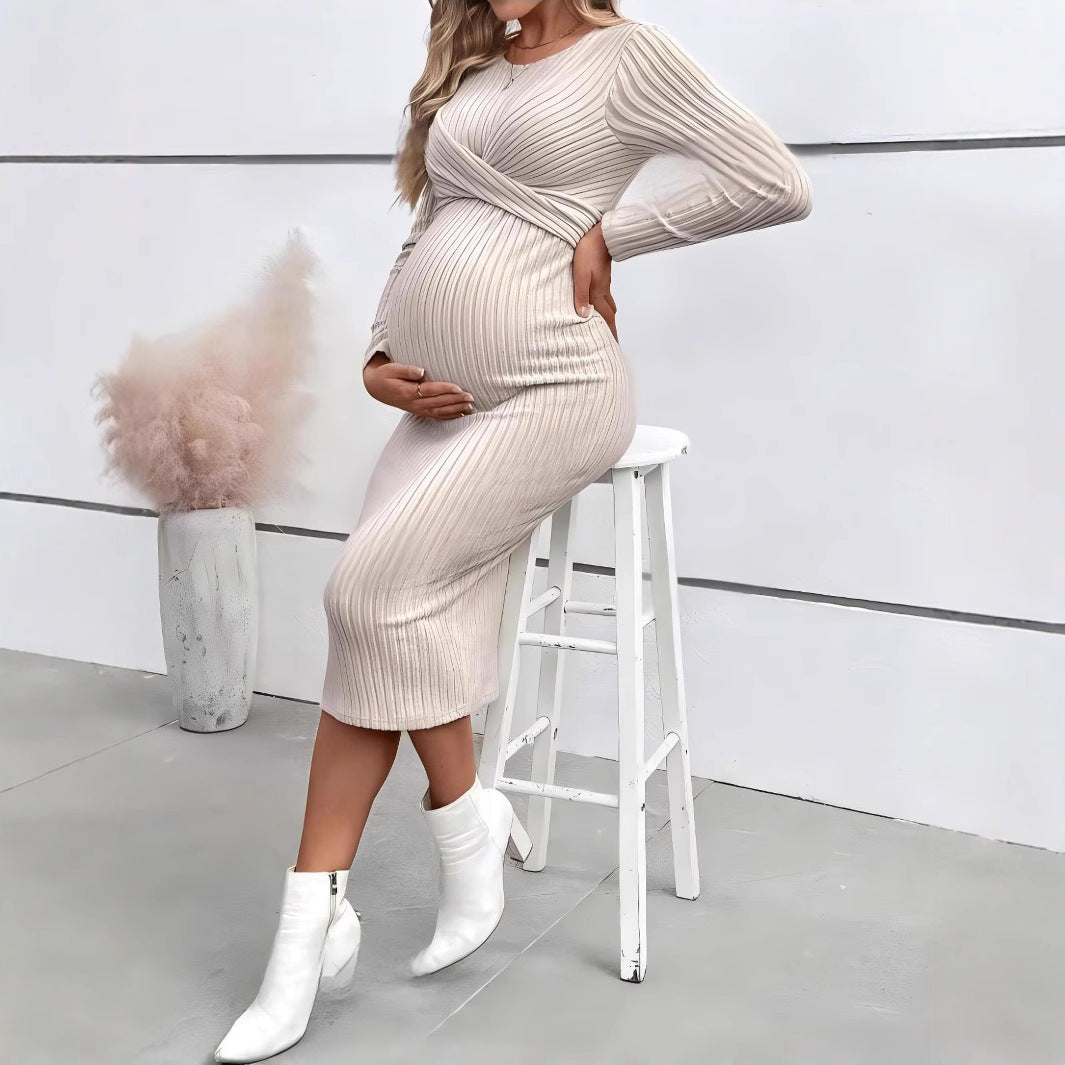 Dame wrapping dress til gravide kvinder med lange ærmer og rib design Stilla