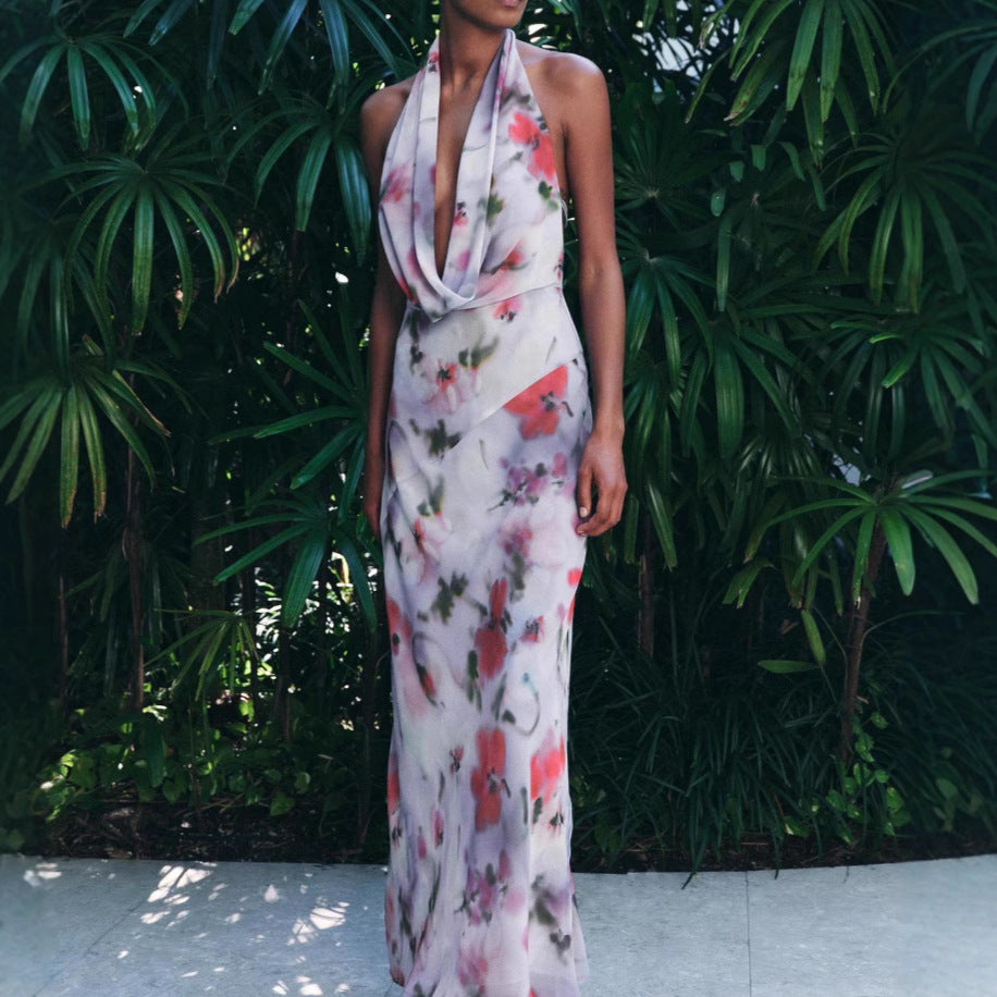 Femme Halter Neck Floral Maxi Kjole Stilla