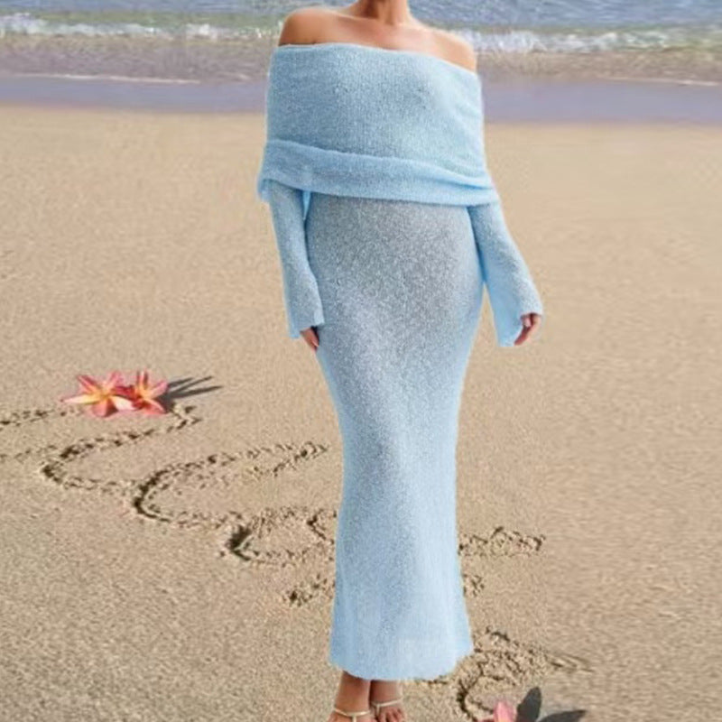 Dame elegant Off-Shoulder-maxikjole med raffineredeærmelåbninger Stilla